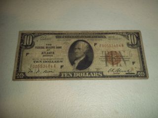 1929 National Currency $10 Federal Reserve Bank Atlanta Ga Bank Note