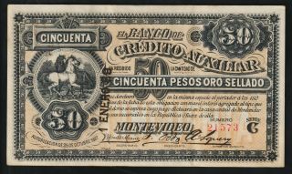 Uruguay Banco De Credito Auxiliar,  50 Pesos 1887,  Rectangular Stamp,