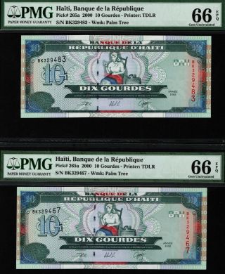 Tt Pk 265a 2000 Haiti Banque De La Republique 10 Gourdes Pmg 66q Gem Set Of 2