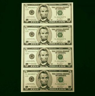 2003 A Us $5 Five Dollar Uncut Sheet Of 4 Federal Reserve Bank Notes Hus058627