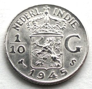 Netherlands East Indies 1/10 Gulden 1945 S San Francisco,  Silver.  Mm1.  9