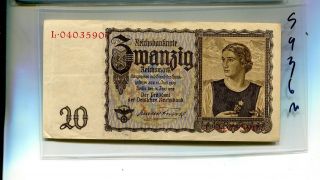 Germany 1939 20 Reichsmark Currency Note Xf 5936m
