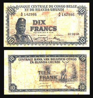 Belgian Congo 10 Francs 1958 P - 30 Vf Urundi Ruanda / Fine