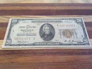 U.  S.  1929 $20 Federal Reserve Bank Minneapolis Minn.  Type 1 Fine Sound Note