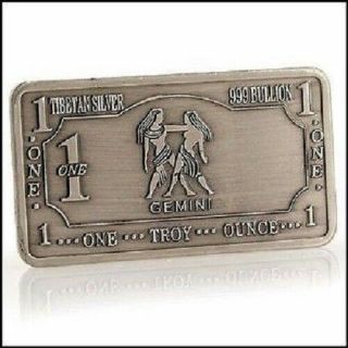 Collectors One Troy Ounce.  999 Pure Tibetan Silver Gemini Art Series Bullion Bar
