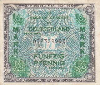 1/2 Mark Very Fine Banknote From Allied Military In Germany 1944 Pick - 191