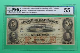 1857 $5 Western Exchange Omaha City Nebraska Obsolete Fully Signed Pmg 55 Au
