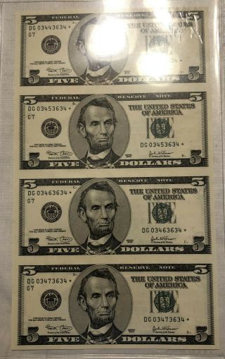 2003 U.  S.  $5 Five Dollar Bill Set Of (4) Uncut Sheet,  Currency,  Money
