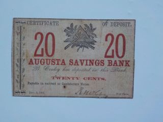 Civil War Confederate 1861 20 Cents Note Augusta Savings Bank Georgia Money Csa