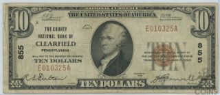 1929 United States $10 National Bank Clearfield Pa Note Charter 855