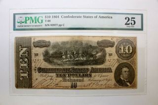 One 1864 Confederate States Of America Ten Dollar Note Pmg 25 T - 68 Sn/92977