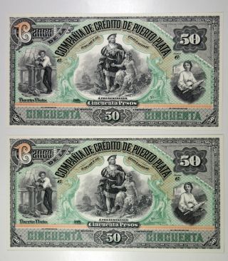 Dominican Republic.  Banco De La Comp 1880 (1992) Reprint Proof 50 Ps P - S107 Pair