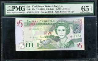 East Caribbean 5 Dollars Nd 2003 P 42 Gem Unc Pmg 65 Epq
