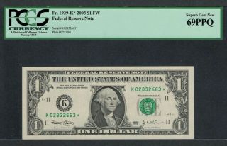 Fr.  1929 - K 2003 $1 Federal Reserve Star Note Pcgs 69ppq Gem