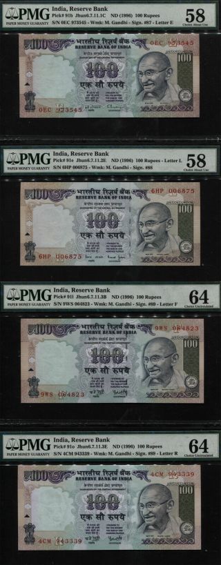 Tt Pk 91b,  91e,  91l,  & 91o Nd (1996) India 100 Rupees Pmg 64 & 58 Set Of Four