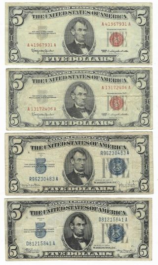 2 X $5 1963 Red Seal,  2 X $5 1934 D,  1934 Blue Seal