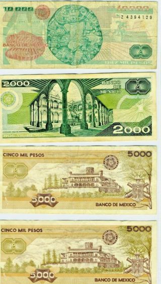 BANK OF MEXICO 1980 ' S SET OF 4 NOTES 10000 2000 5000 5000 Pesos 2
