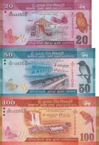 Sri Lanka 3 Note Set: 20,  50 & 100 Rupees (2015.  02.  02) - P123c,  124d & 125c Unc