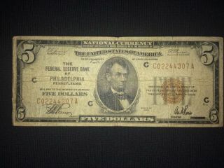 1929 $5 National Currency - Federal Reserve Of Philadelphia