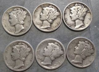 6 Mercury Dimes 1 1935,  1936s,  1945s,  1923s,  1942,  1941