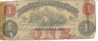 $1 1862 Virginia Treasury Note Richmond Red May 15 Cr16 Milk Maid 51688 Plate B