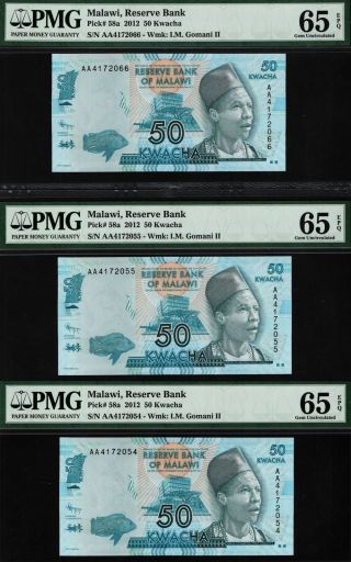 Tt Pk 58a 2012 Malawi Reserve Bank 50 Kwacha " Gomani Ii " Pmg 65 Epq Gem Set Of 3