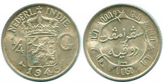 1945 Netherlands East Indies 1/4 Gulden Silver Colonial Coin Nl10059.  4u