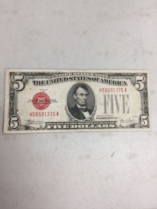 Series Of 1928 E $5 Red Seal Note Us Currency