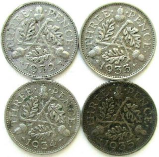 Great Britain Coins,  Threepence 1932 & 1933 & 1934 & 1935,  George V,  Silver 0.  50