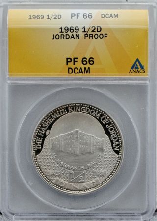 1969 Jordan 1/2 Dinar Silver Proof Coin Km 21 Anacs Pf 66 Dcam