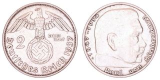Xa.  052} Germany 3rd Reich 2 Reichsmark 1937a / Nazi Swastika / Silver / Vf