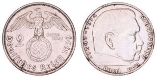 Xa.  017} Germany 3rd Reich 2 Reichsmark 1939a / Nazi Swastika / Silver / Vf