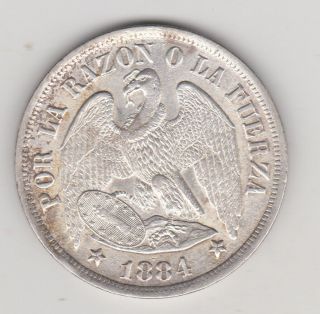 Chile Silver Coin 1 Peso,  Km142.  1 Au 1884