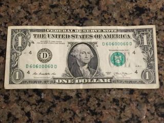 Fancy Serial Number Us 1 One Dollar Bill D 60600060 D Binary Note 2013 Series