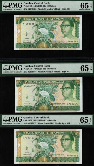 Tt Pk 13b 1991 - 95 Gambia Central Bank 10 Dalasis D.  Jawara Pmg 65q Gem Set Of 3