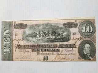 T - 68 $10 Dollar Bill 1864 Csa Note Confederate States Richmond Horses & Canon