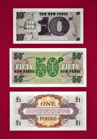 BAF NOTES: 10 Pence 1972 (P - M48),  50 Pence 1972 (PM - 49).  & 1 Pound 1962 (P - M36) 2