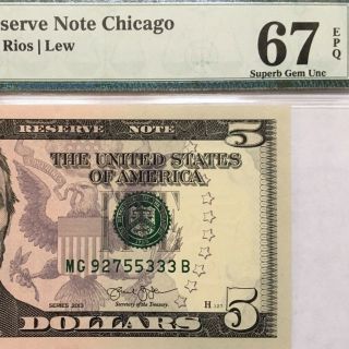 2013 $5 Chicago Frn,  Pmg Gem Uncirculated 67 Epq Banknote,  S/n
