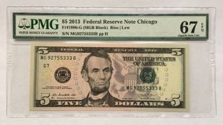 2013 $5 CHICAGO FRN,  PMG GEM UNCIRCULATED 67 EPQ BANKNOTE,  S/N 2