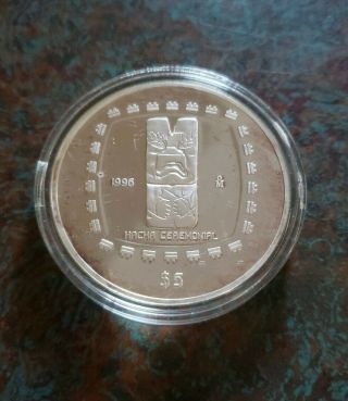 Mexico 1996 Hacha Ceremonial 5 Pesos 1oz Silver Coin,  Proof