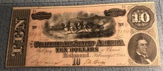 1864 Confederate States Of America $10 Dollar Note Richmond