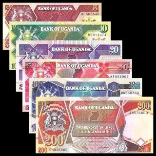 Uganda 1987 - 98 5/ 10/ 20/ 50/ 100/ 200 Shillings,  Banknote Set Of 6 Unc