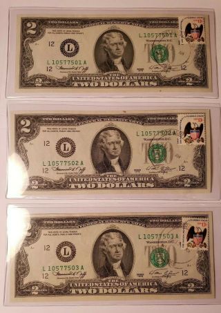 Old Paper Money 3 Consecutive 1976 $2.  00 First Day Of Issue Us Currency 1 2 3