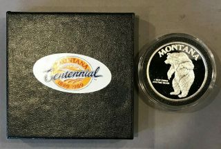 1989 Montana Statehood Centennial 1 Troy Oz.  999 Silver Grizzly Bear Orig.  Box