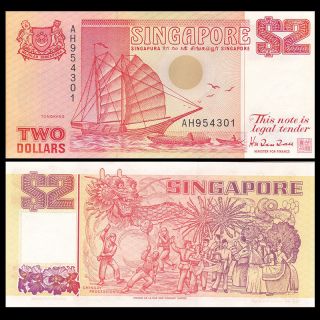 Singapore 2 Dollar,  1990,  P - 27,  Unc Boat