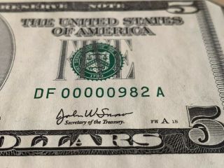 Very Low Uncirculated 2003 $5 Five Dollar Fancy Serial Number 3 Digits 00000982