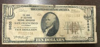 1929 $10 Bank Of America San Francisco,  Ca National Currency Paper Note