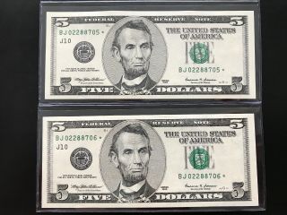 Wow Rare Pair 1999 $5 Star Note Five Dollar Bill (kansas “j“) Uncirculated