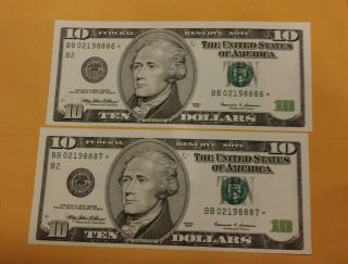 1999 Series 2 Consecutive Star Notes $10 Dollar Federal Reserve Uncirculated