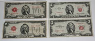 Four (4) 1928 & 1953 Circulated $2 United States Notes Red Seal Notes Rmc K
